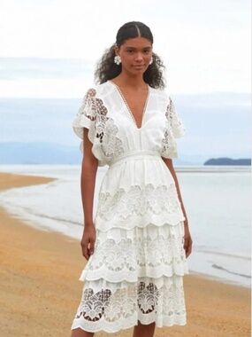 Farm Rio Richelieu White Lace Midi Dress